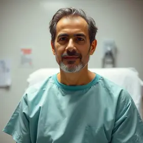 homem vestindo avental hospitalar